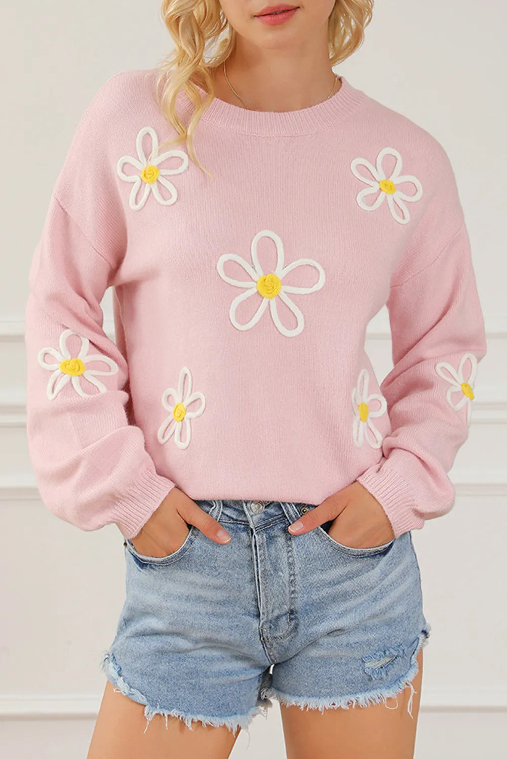 Flower Round Neck Dropped Shoulder Sweater - The Goddess Galleries