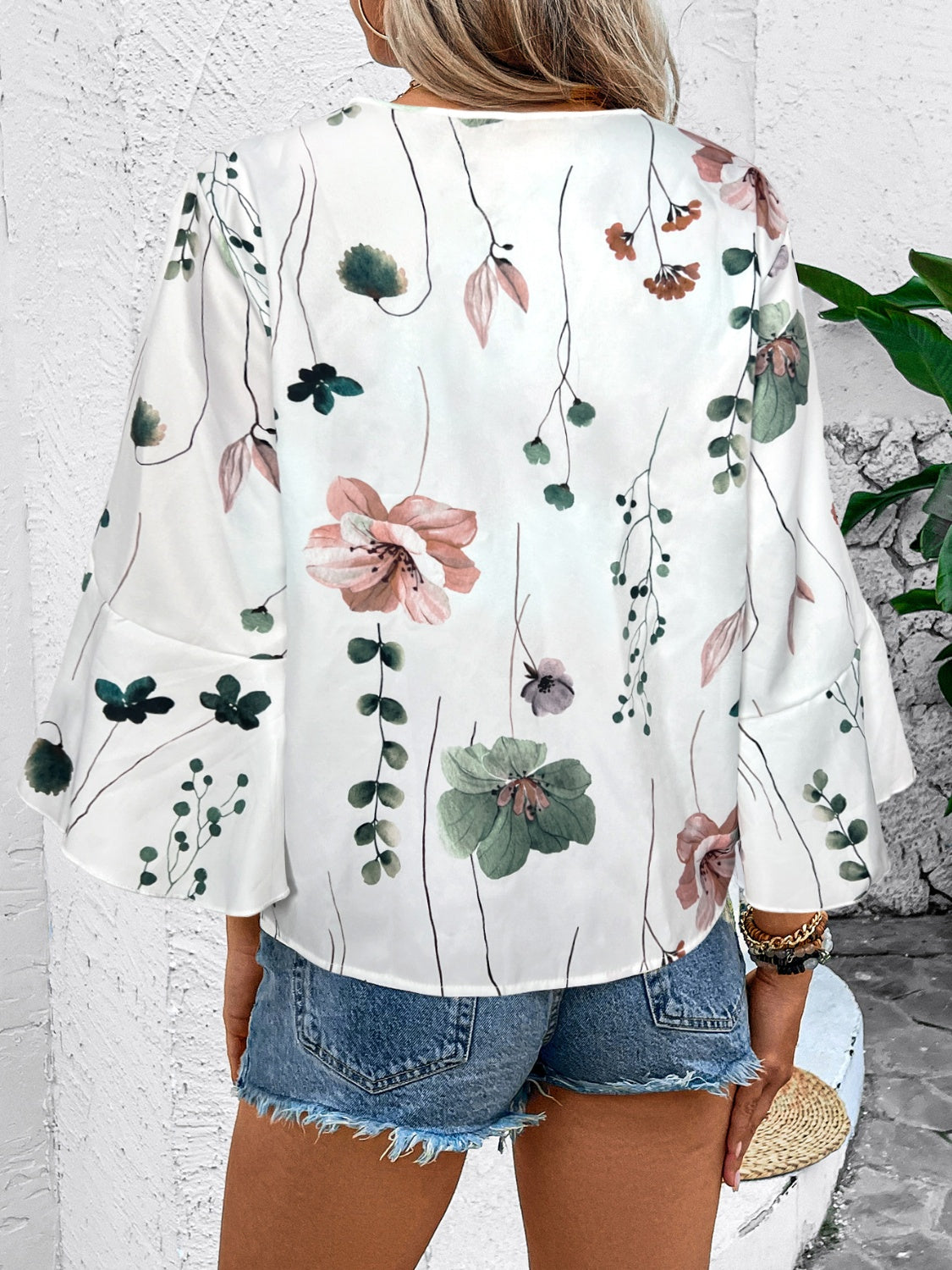 Honey Ruffled Printed V-Neck Half Sleeve Blouse - The Goddess Galleries