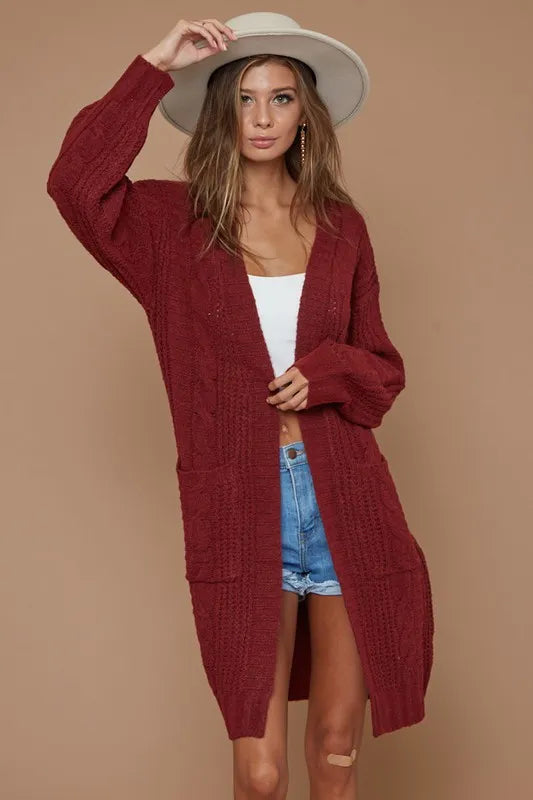 BiBi Cable-Knit Open Front Long Sleeve Cardigan - The Goddess Galleries