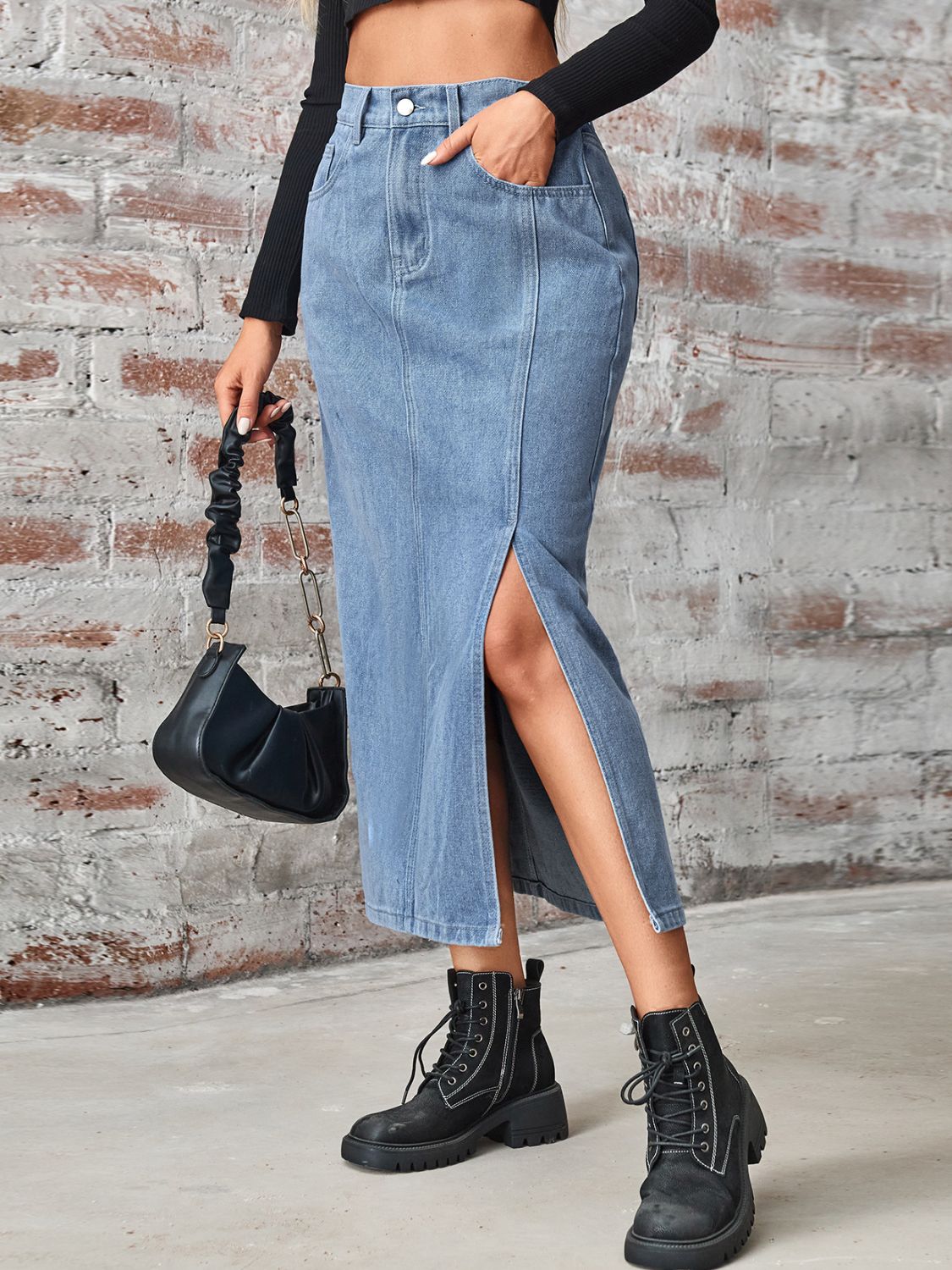 Slit High Waist Denim Skirt with Pockets - The Goddess Galleries