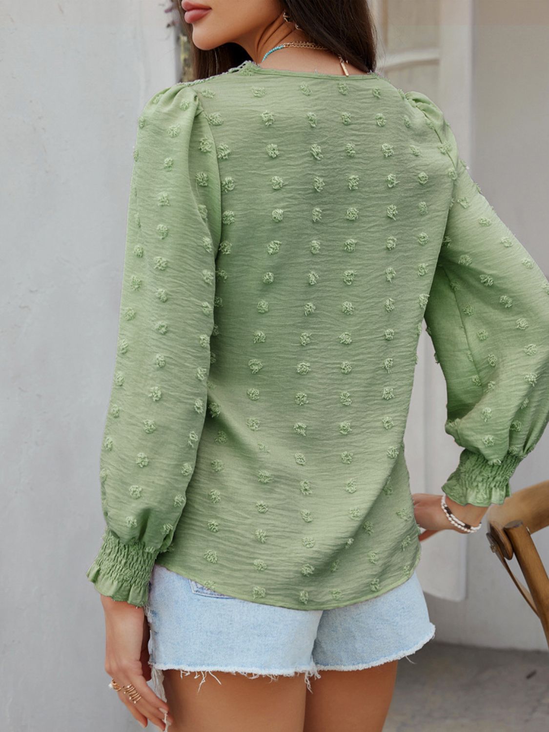 Devine Swiss Dot Lace Detail V-Neck Long Sleeve Blouse - The Goddess Galleries
