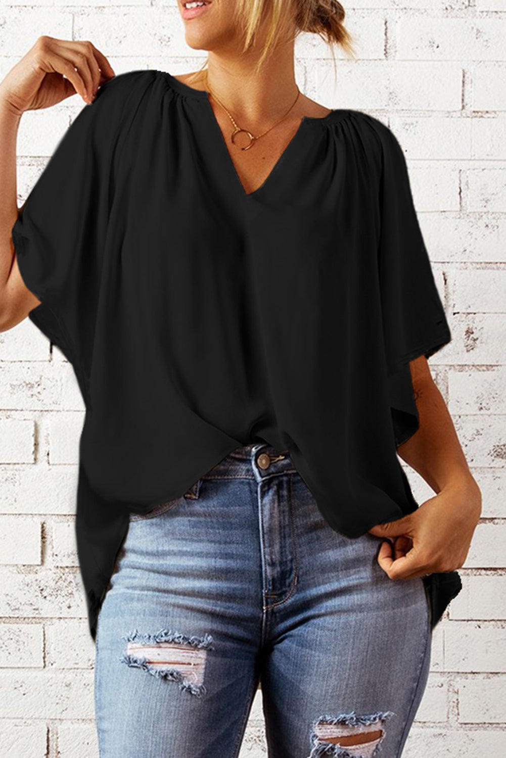 Gathered Detail Notched Neck Flutter Sleeve Top - The Goddess Galleries