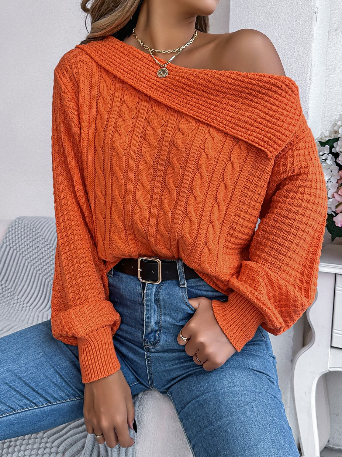 Cable-Knit One Shoulder Long Sleeve Sweater - The Goddess Galleries