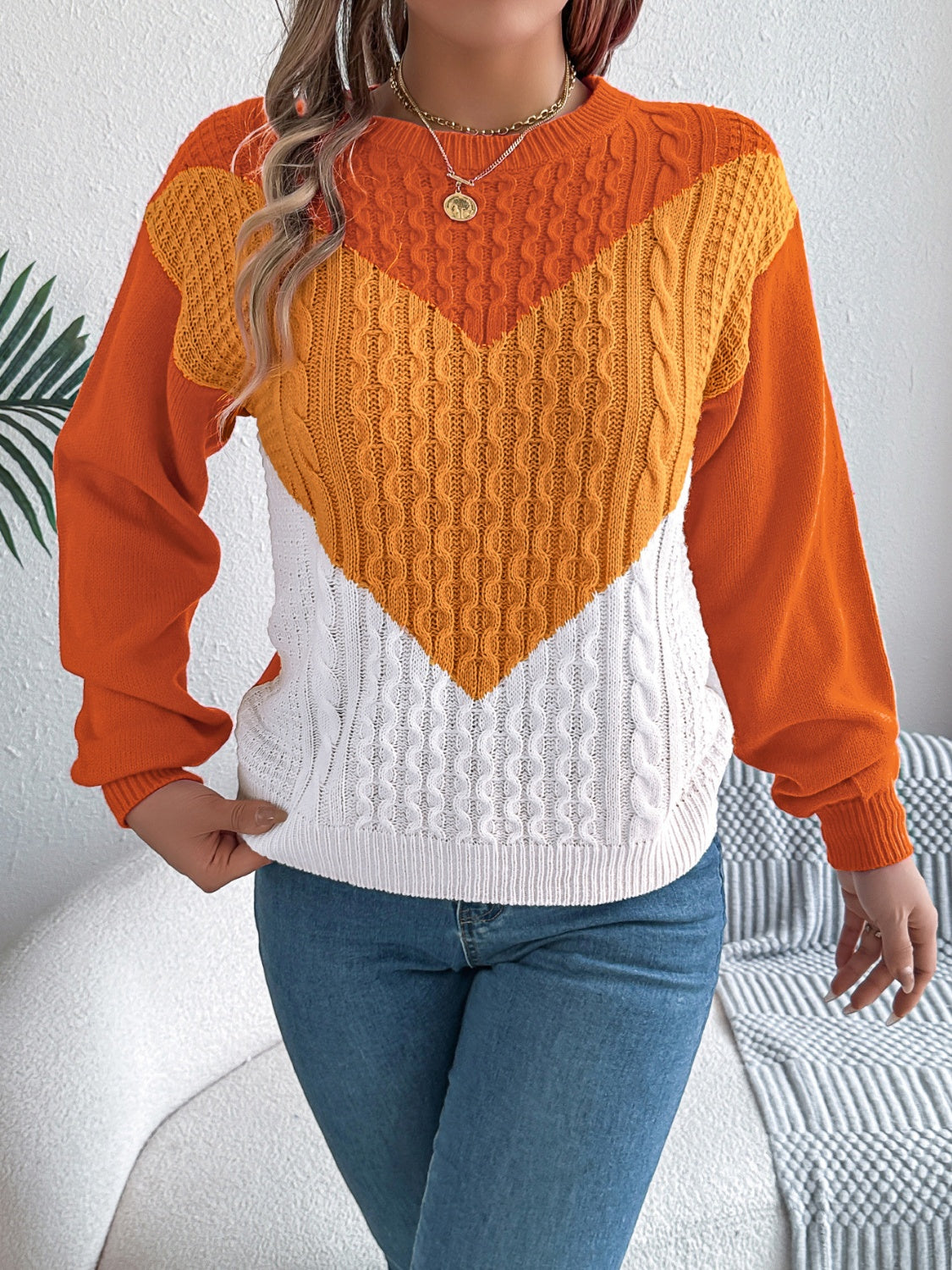 Contrast Round Neck Long Sleeve Sweater - The Goddess Galleries