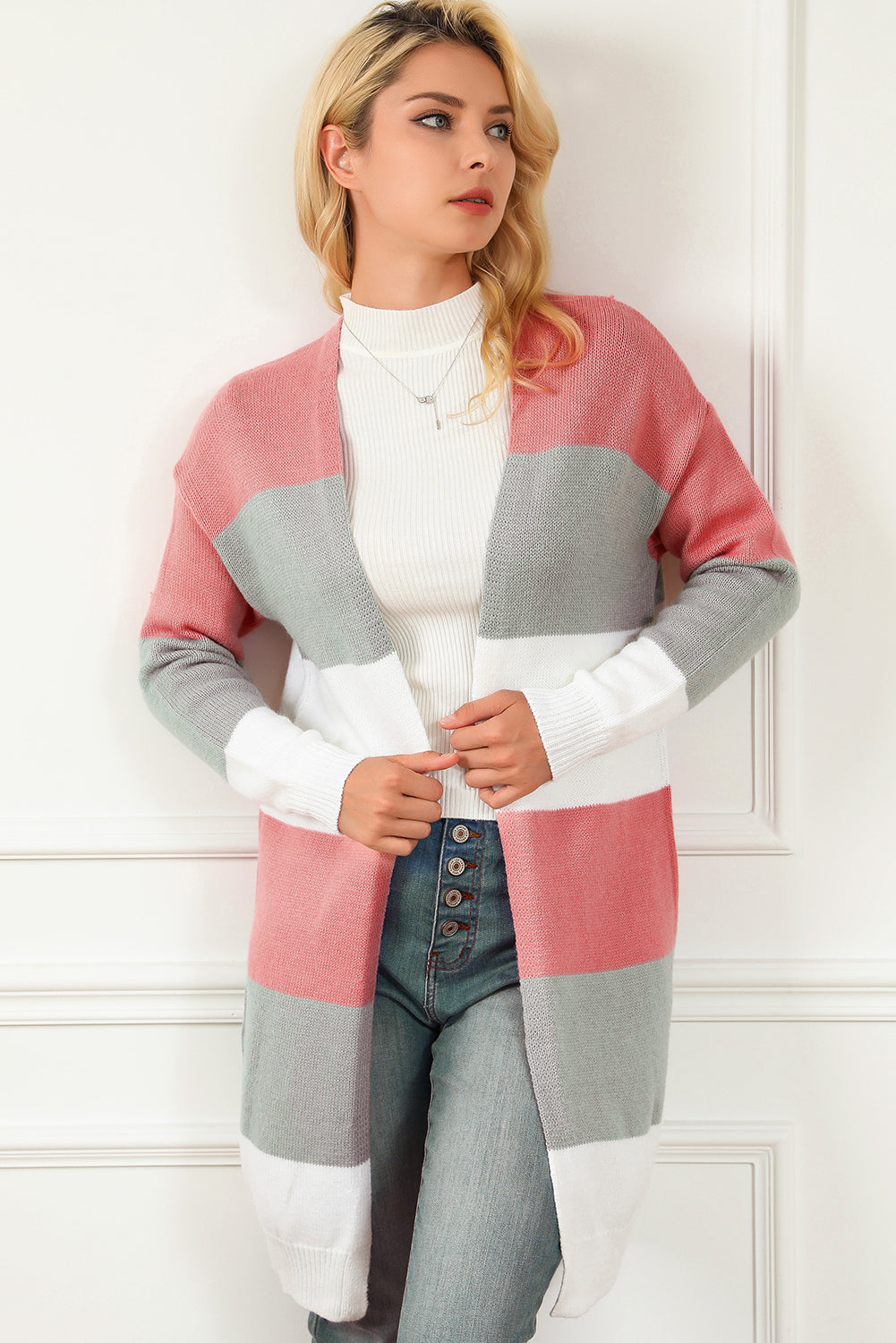 Striped Open Front Long Sleeve Cardigan - The Goddess Galleries
