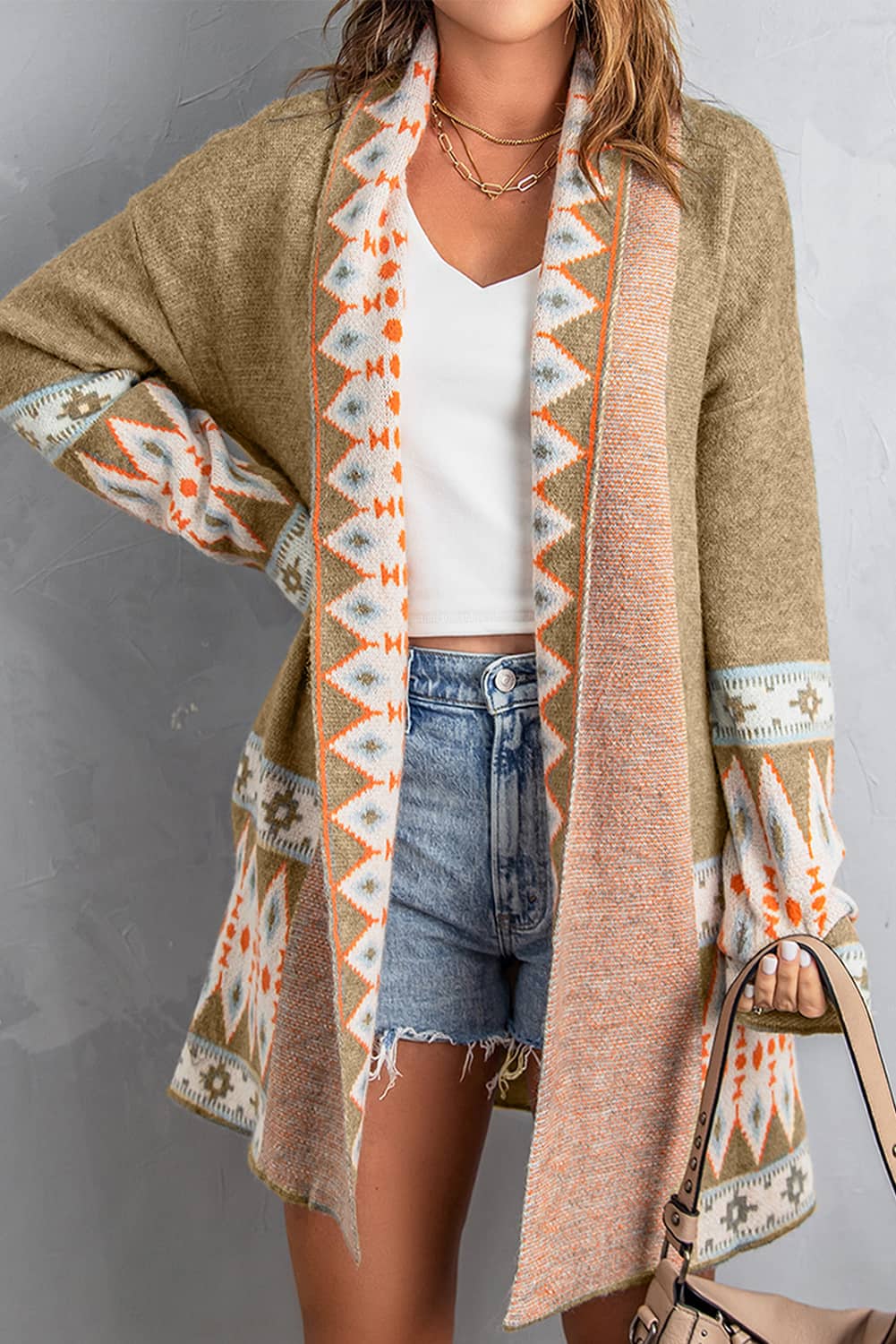 Geometric Open Front Long Sleeve Cardigan - The Goddess Galleries