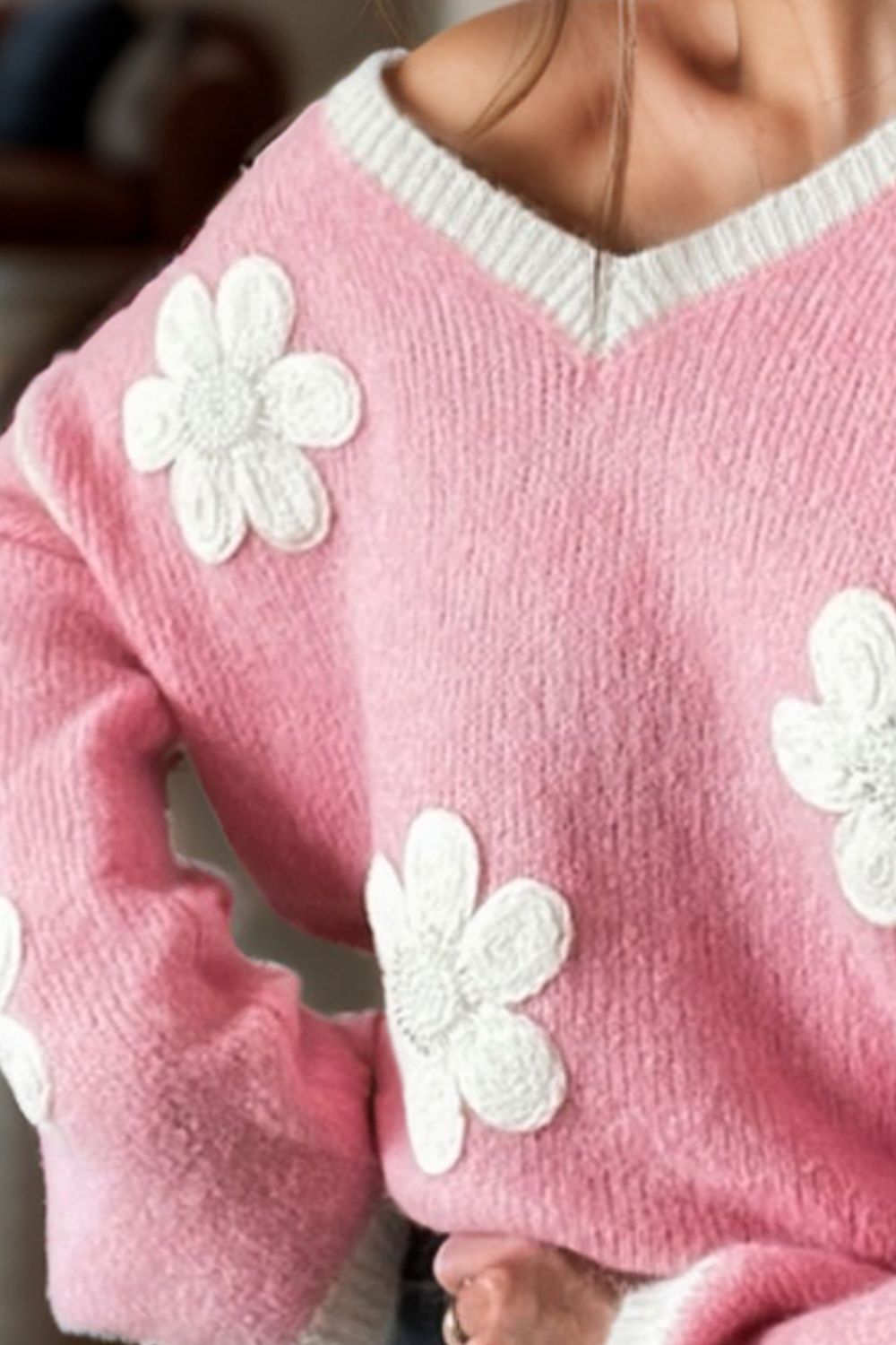 Flower V-Neck Dropped Shoulder Sweater - The Goddess Galleries