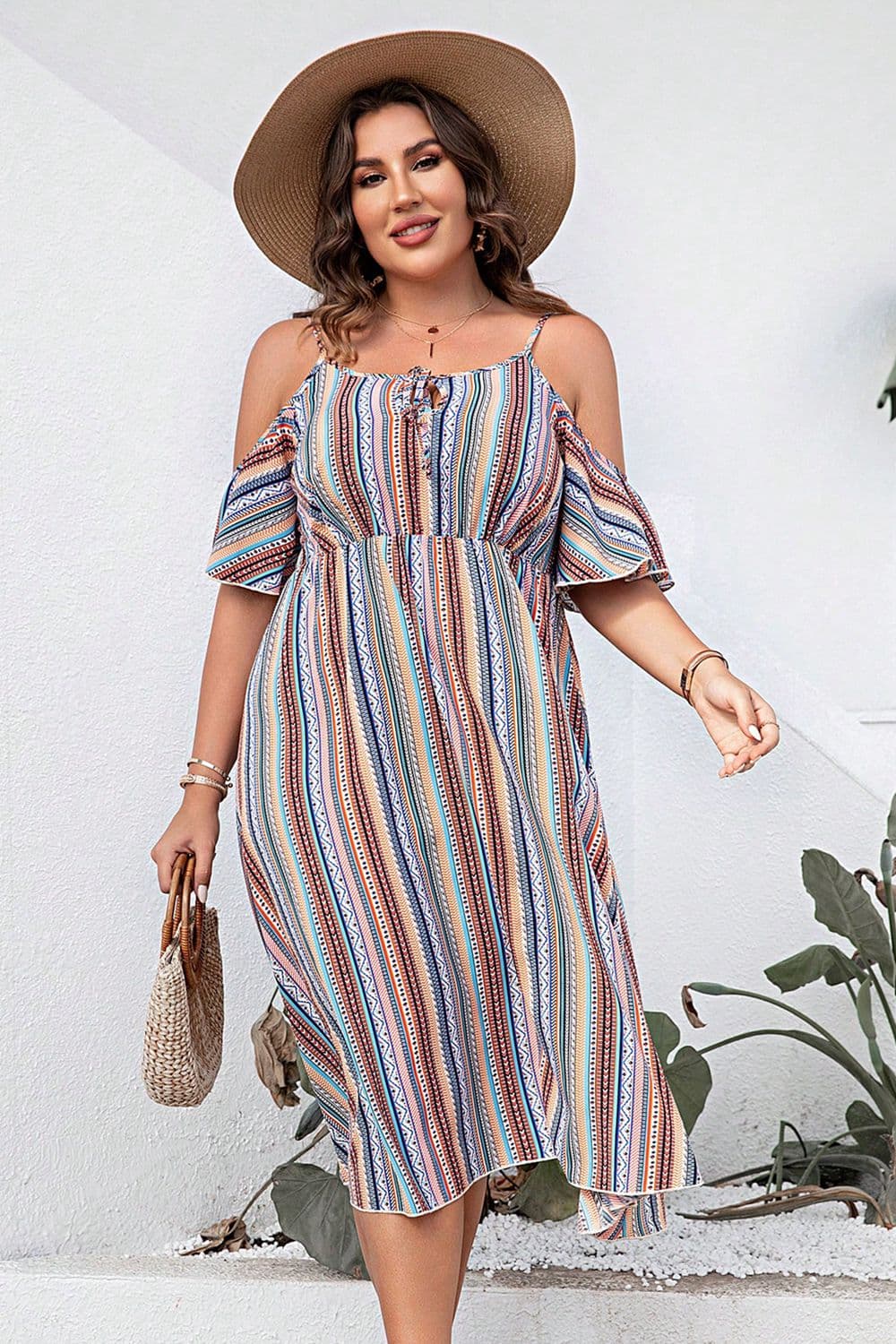 Plus Size Striped Cold-Shoulder Dress - The Goddess Galleries