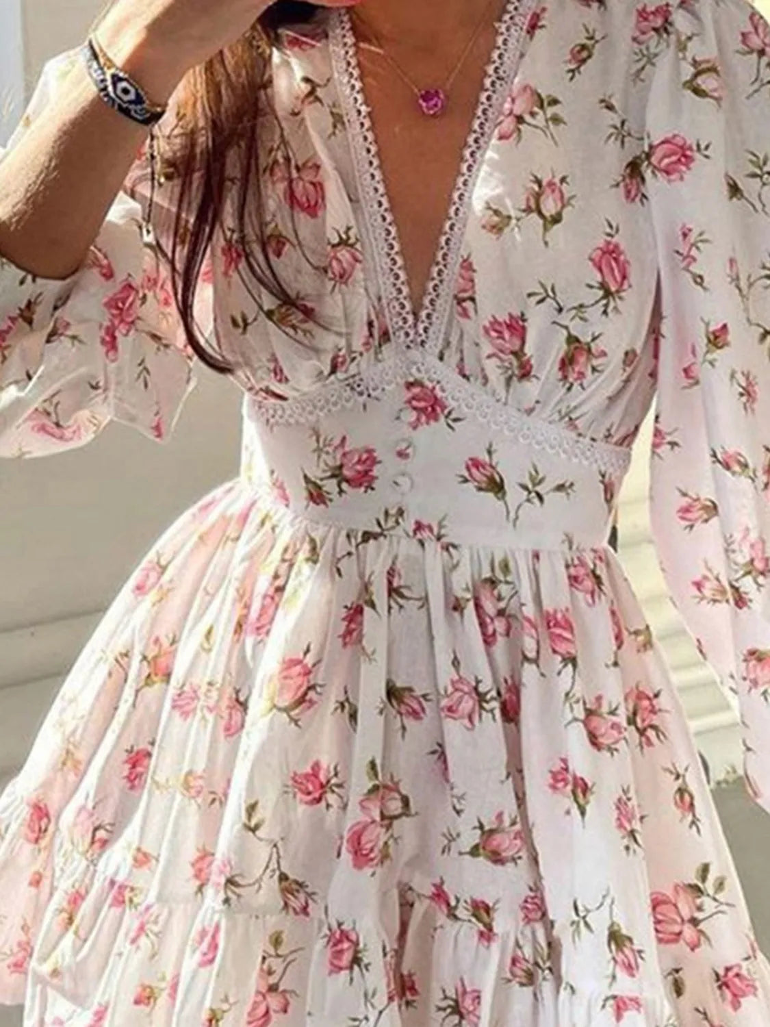 Lace Detail V-Neck Balloon Sleeve Dress - The Goddess Galleries