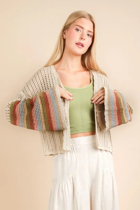 VERY J Color Block Bell Sleeve Openwork Cardigan - The Goddess Galleries