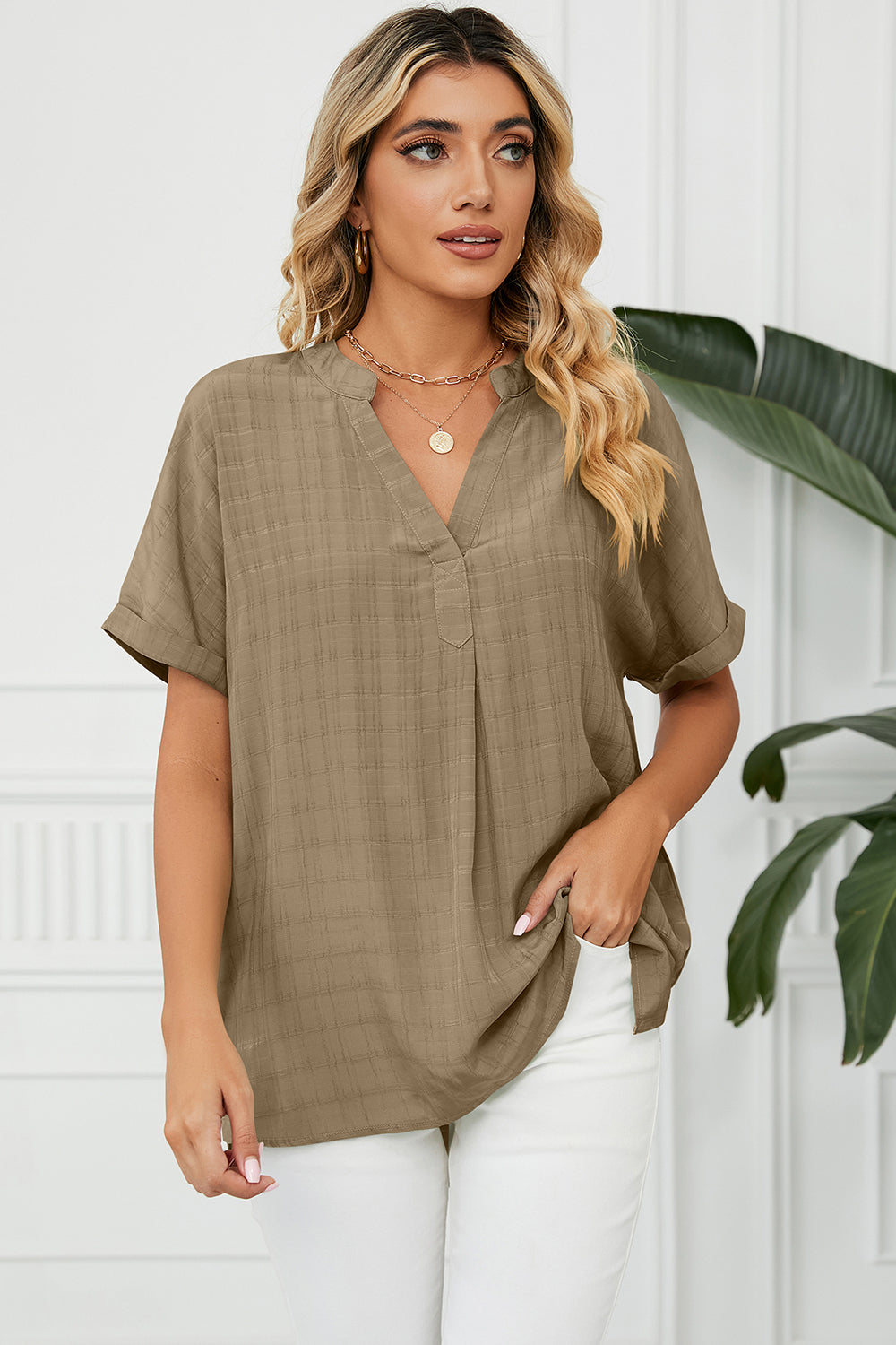 Ruched Notched Short Sleeve Blouse - The Goddess Galleries