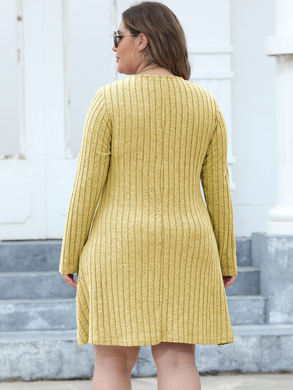 Plus Size Ribbed Buttoned V-Neck Long Sleeve Dress - The Goddess Galleries
