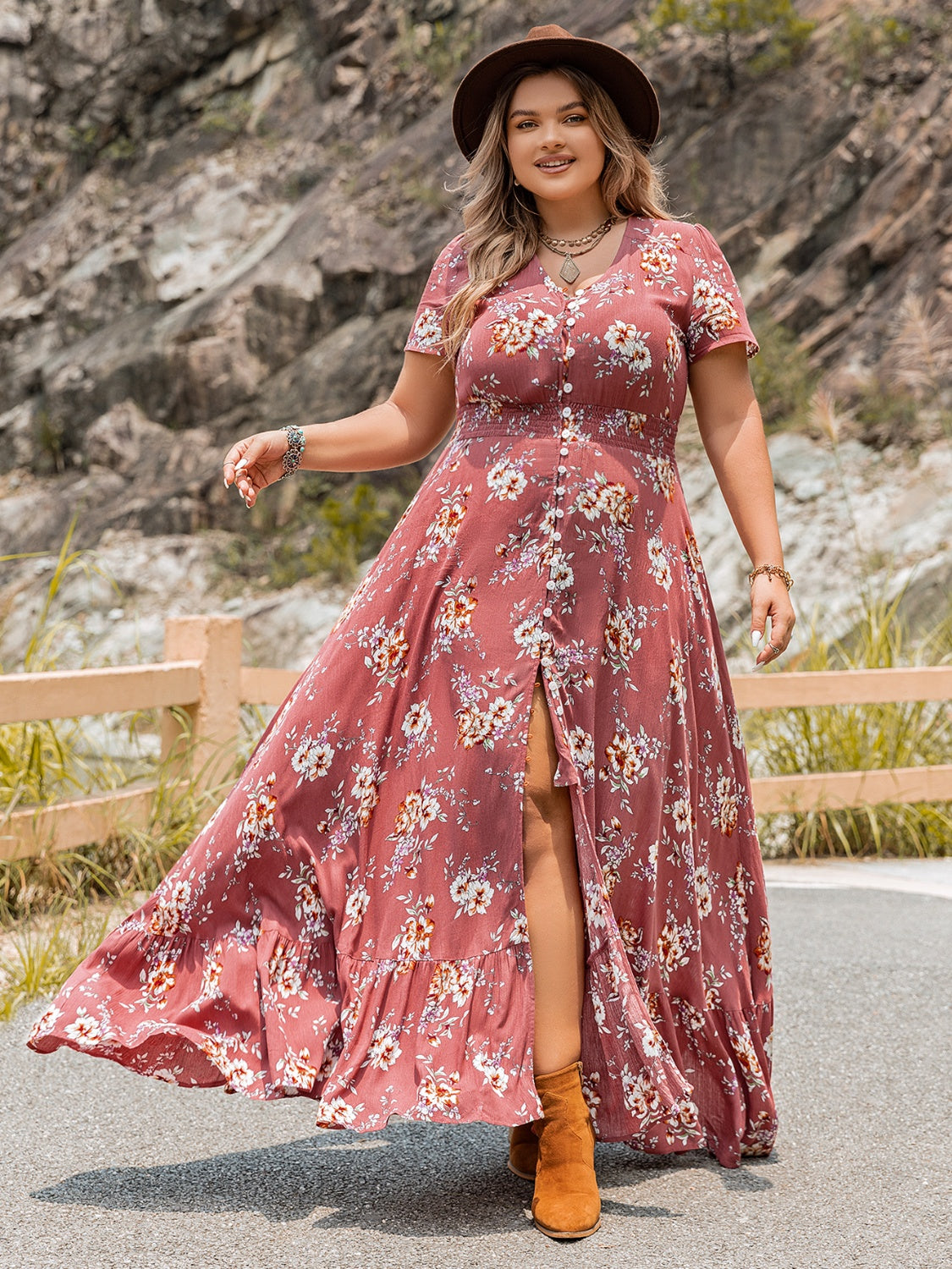 Plus Size Floral Slit Ruffle Hem Dress - The Goddess Galleries
