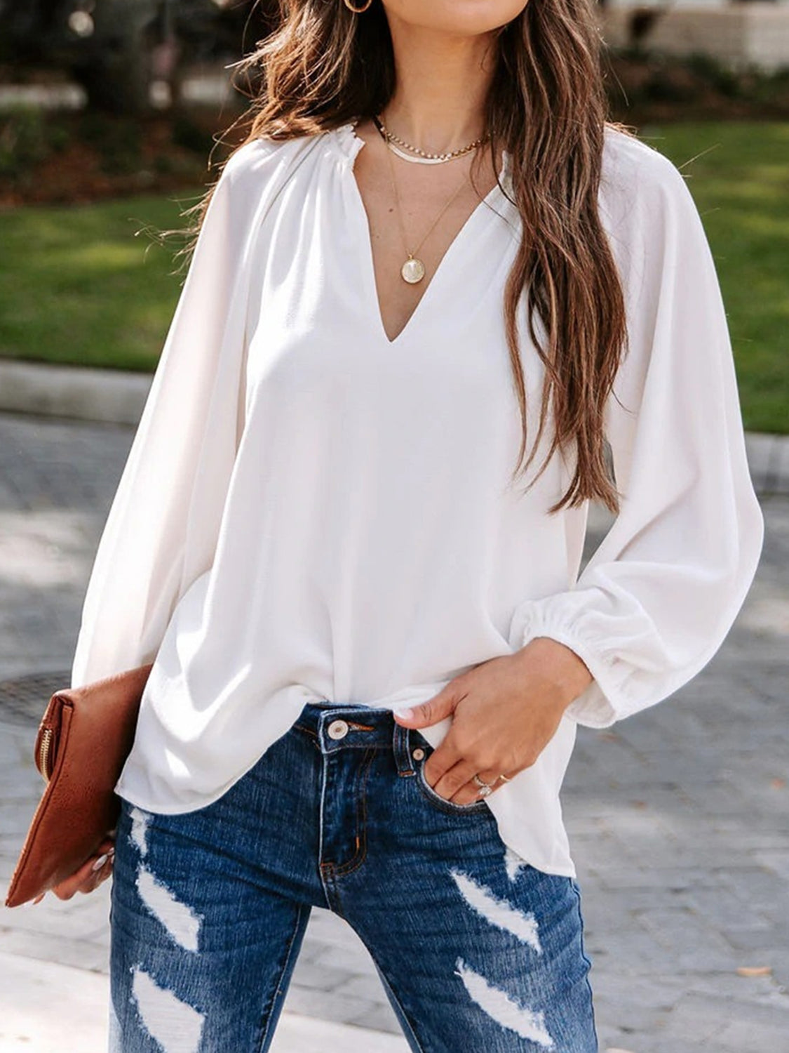 Ruched Notched Balloon Sleeve Blouse - The Goddess Galleries