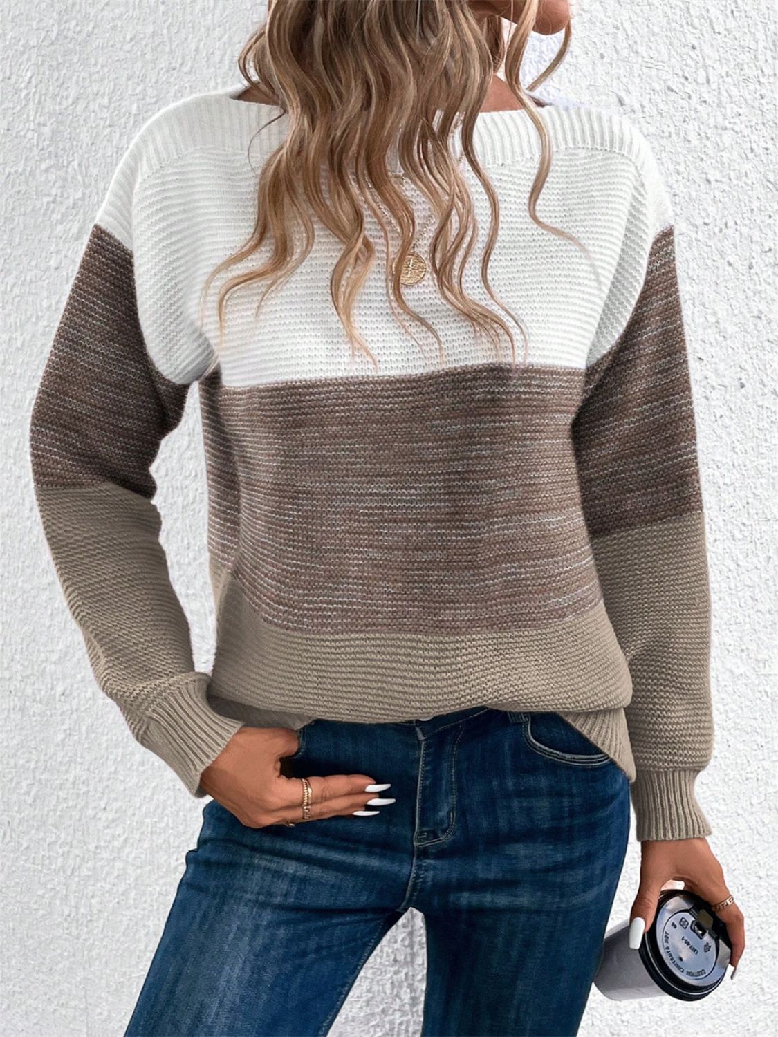 Color Block Drop Shoulder Long Sleeve Sweater - The Goddess Galleries