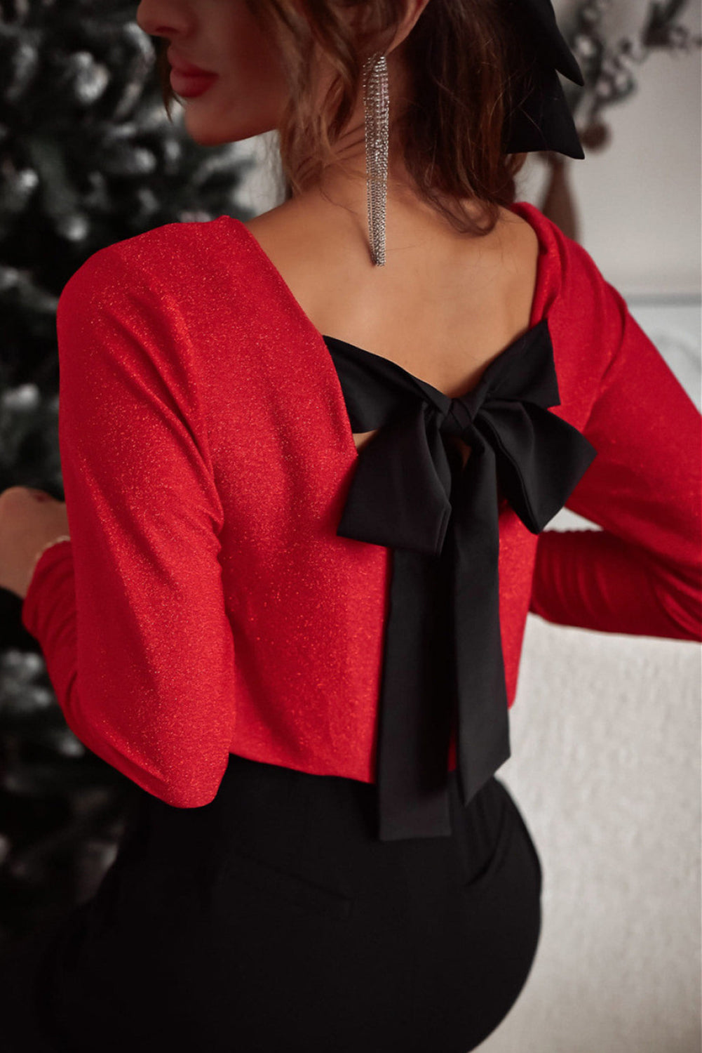 Bowknot V-Neck Long Sleeve Blouse - The Goddess Galleries