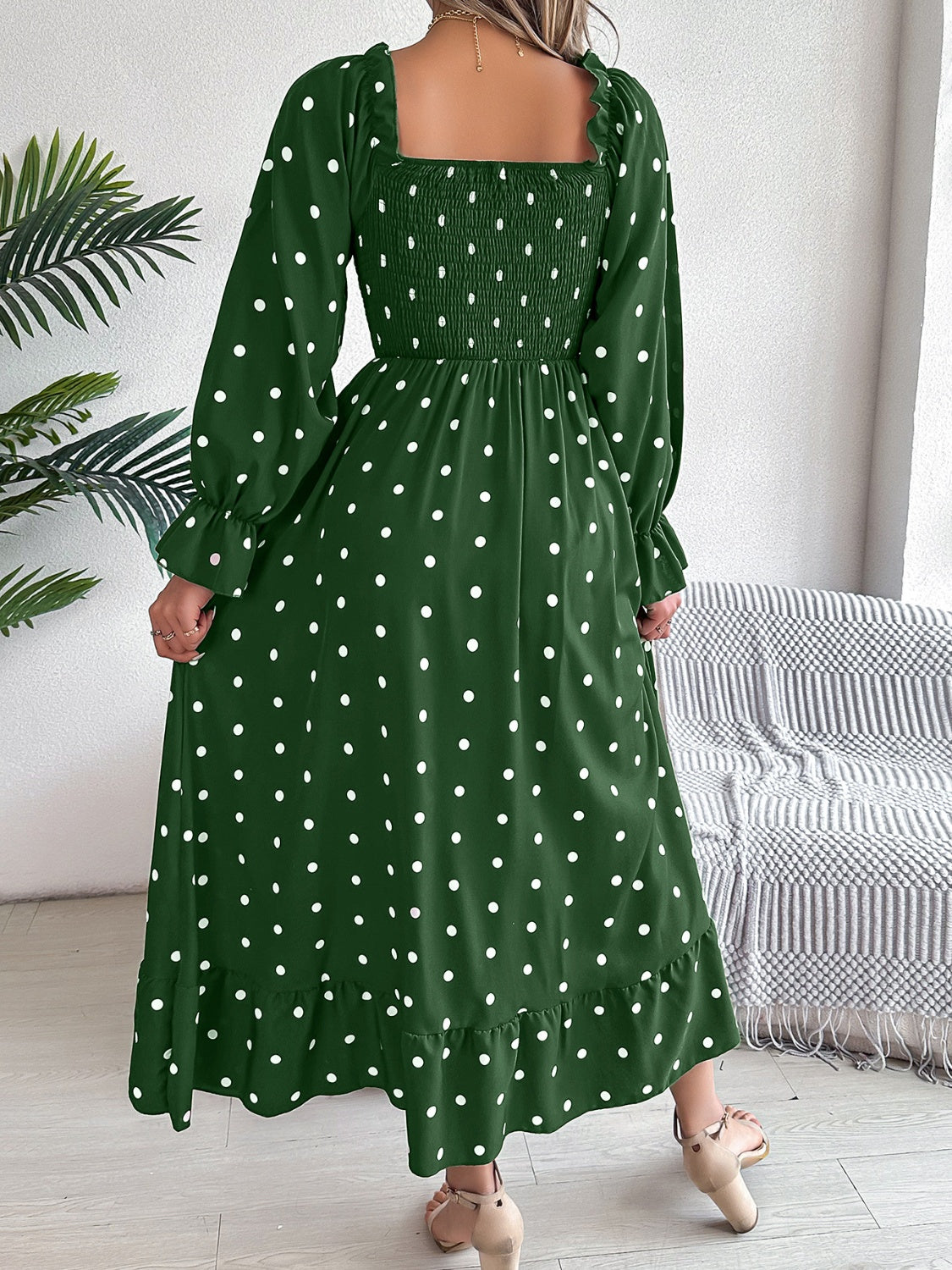 Polka Dot Flounce Sleeve Midi Dress - The Goddess Galleries