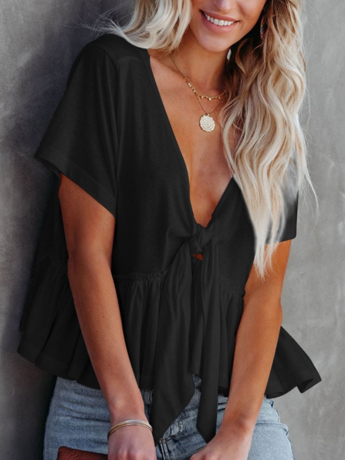 Tied Plunge Short Sleeve Blouse - The Goddess Galleries