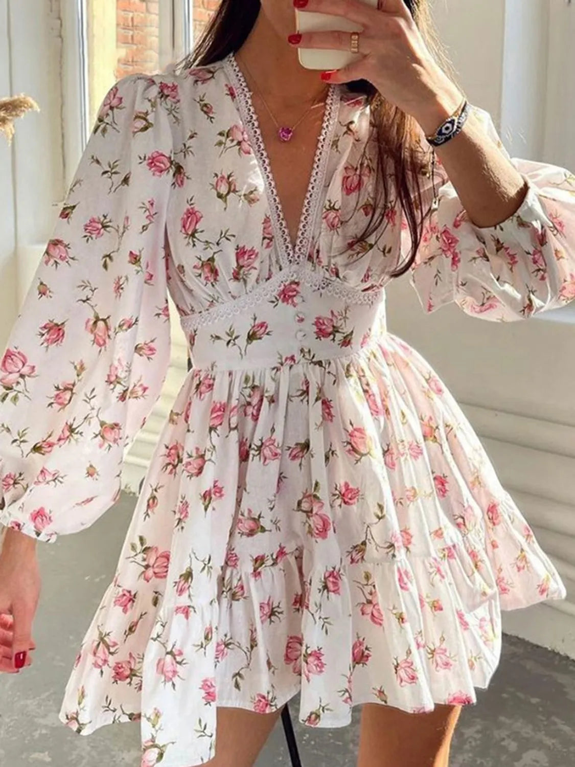 Lace Detail V-Neck Balloon Sleeve Dress - The Goddess Galleries