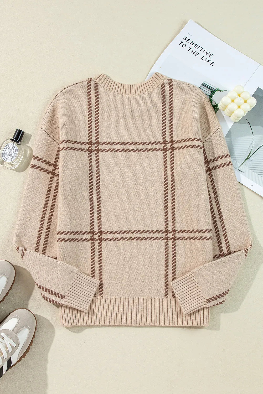 Plaid Round Neck Dropped Shoulder Sweater - The Goddess Galleries