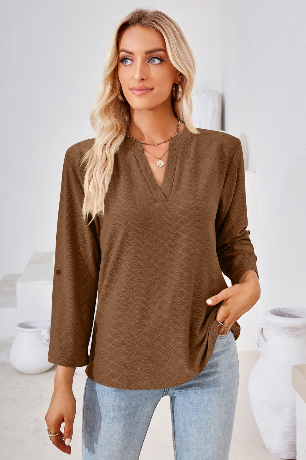 V-Neck Roll-Tap Sleeve Blouse - The Goddess Galleries