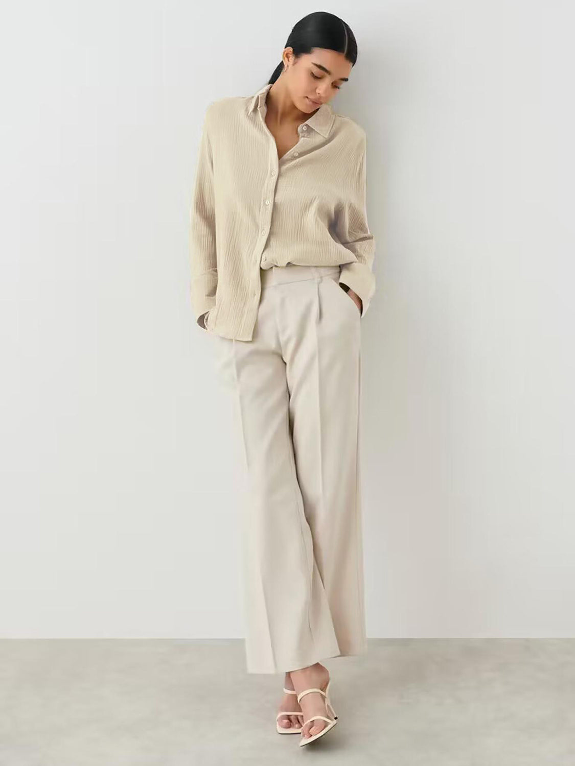 Textured Collared Neck Long Sleeve Shirt - The Goddess Galleries