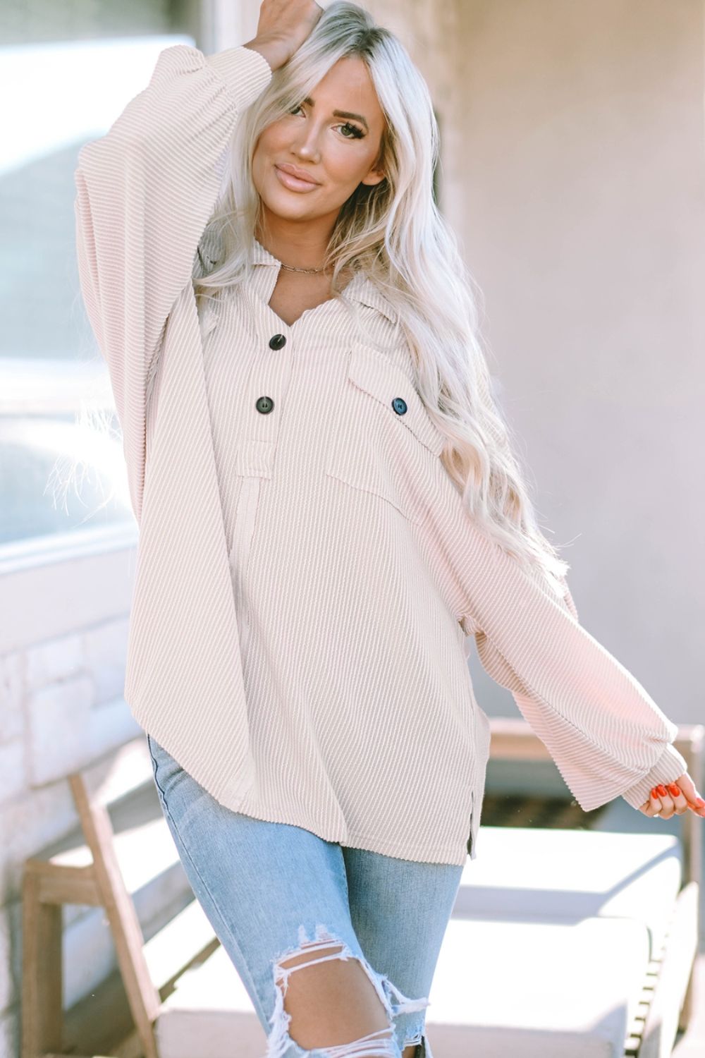 Collared Neck Half Button Long Sleeve Blouse - The Goddess Galleries