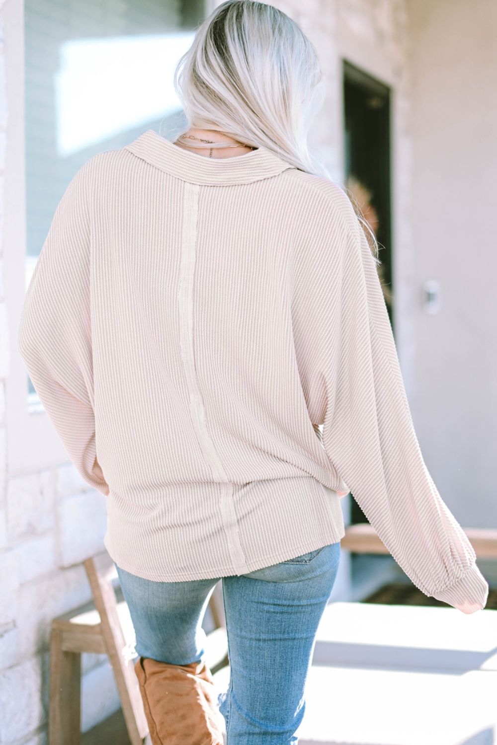 Collared Neck Half Button Long Sleeve Blouse - The Goddess Galleries