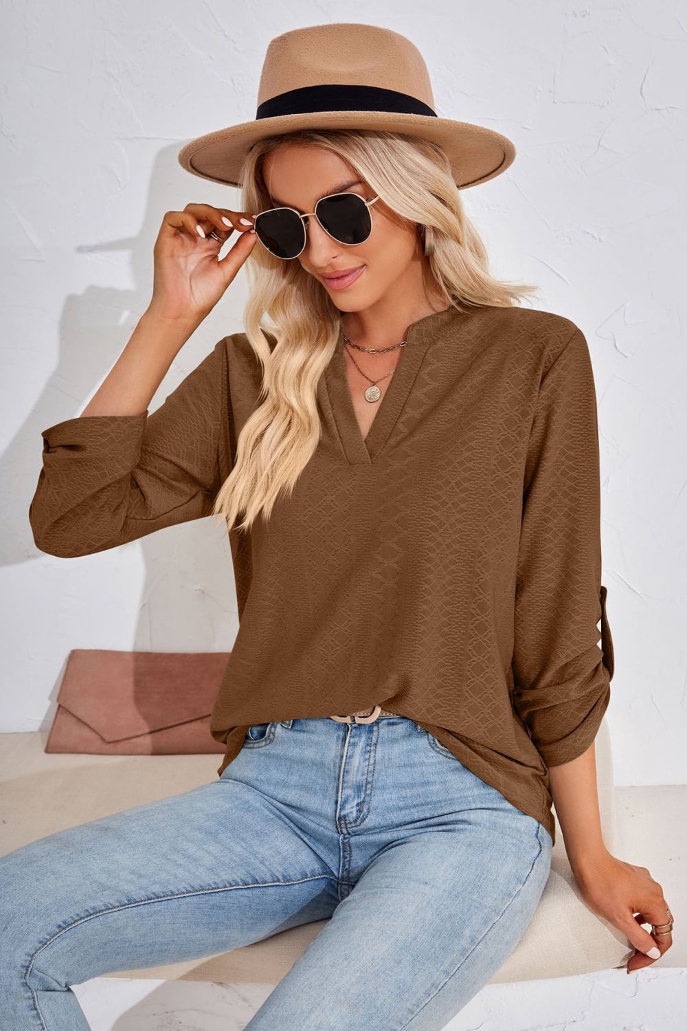 V-Neck Roll-Tap Sleeve Blouse - The Goddess Galleries