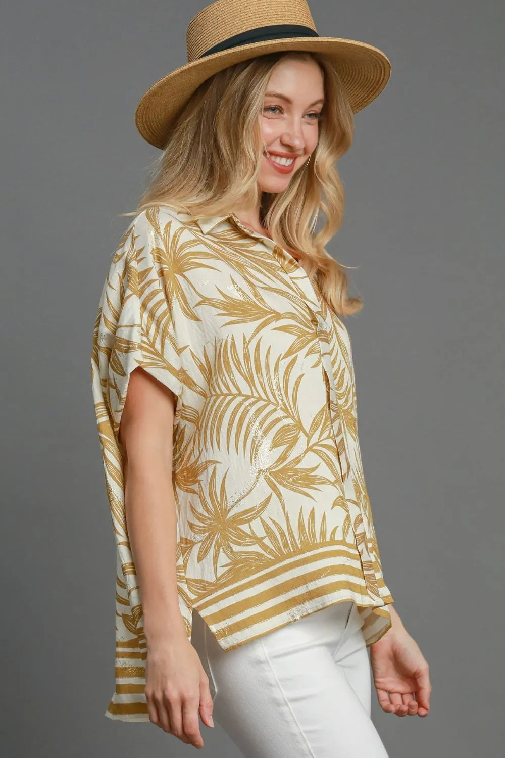 Umgee Full Size Tropical Print Button Down Shirt Plus Size - The Goddess Galleries
