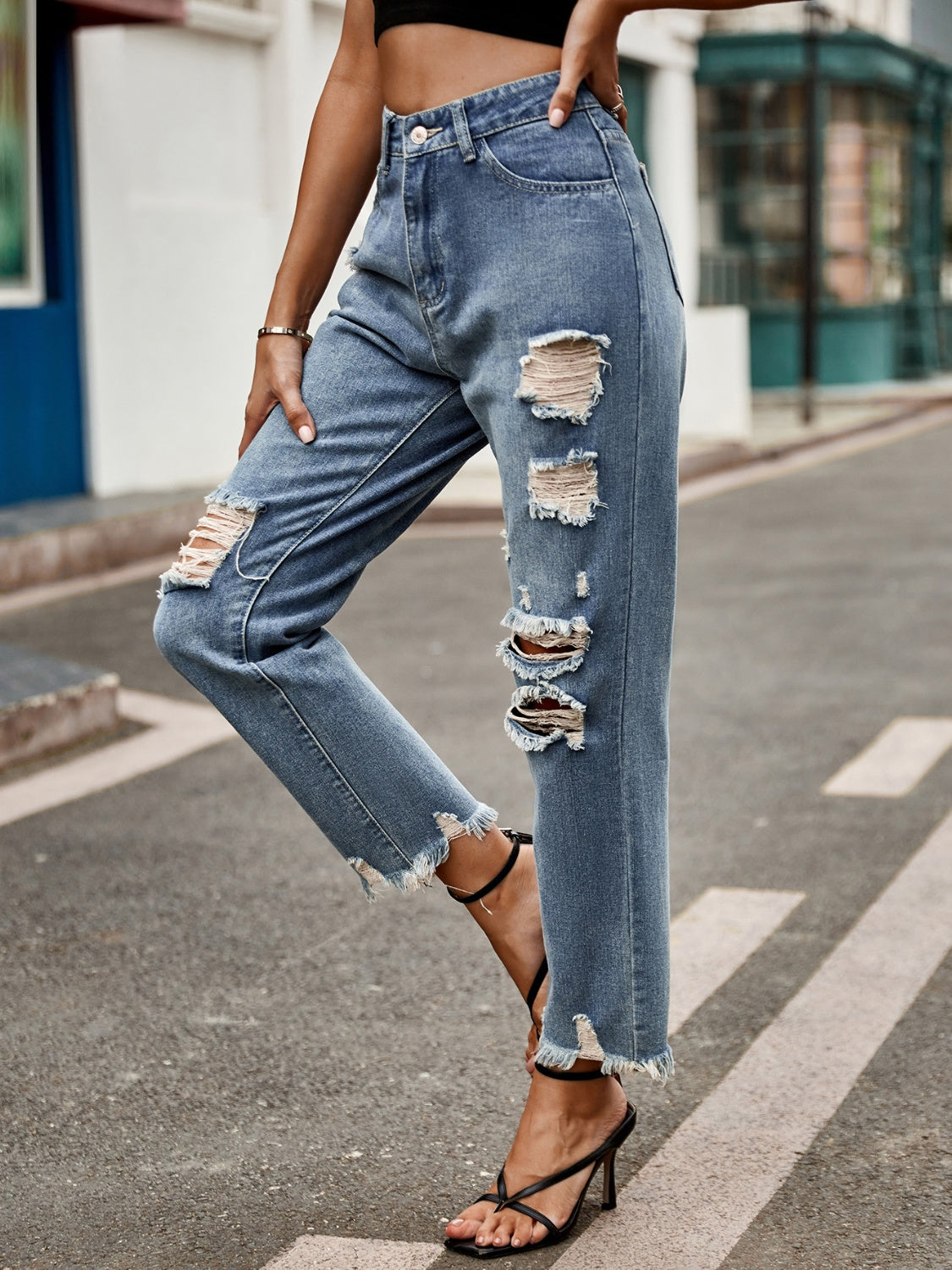 Distressed Raw Hem Jeans with Pockets - The Goddess Galleries