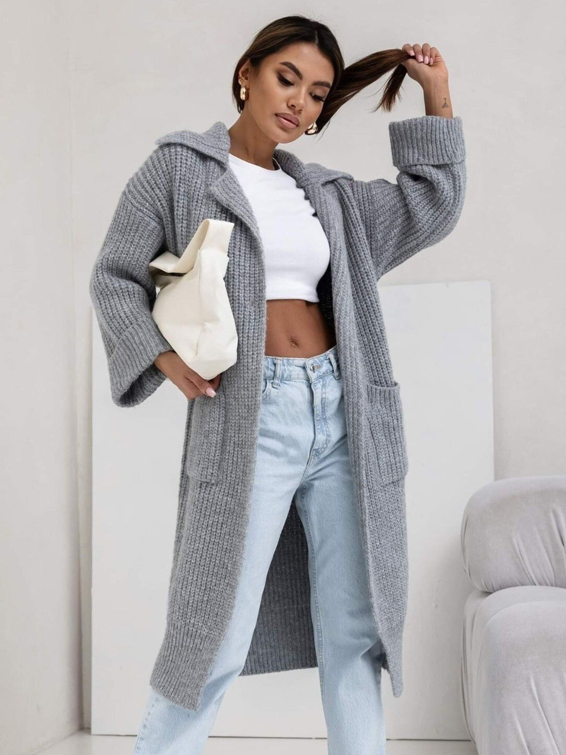 Pocketed Collared Neck Dropped Shoulder Cardigan - The Goddess Galleries