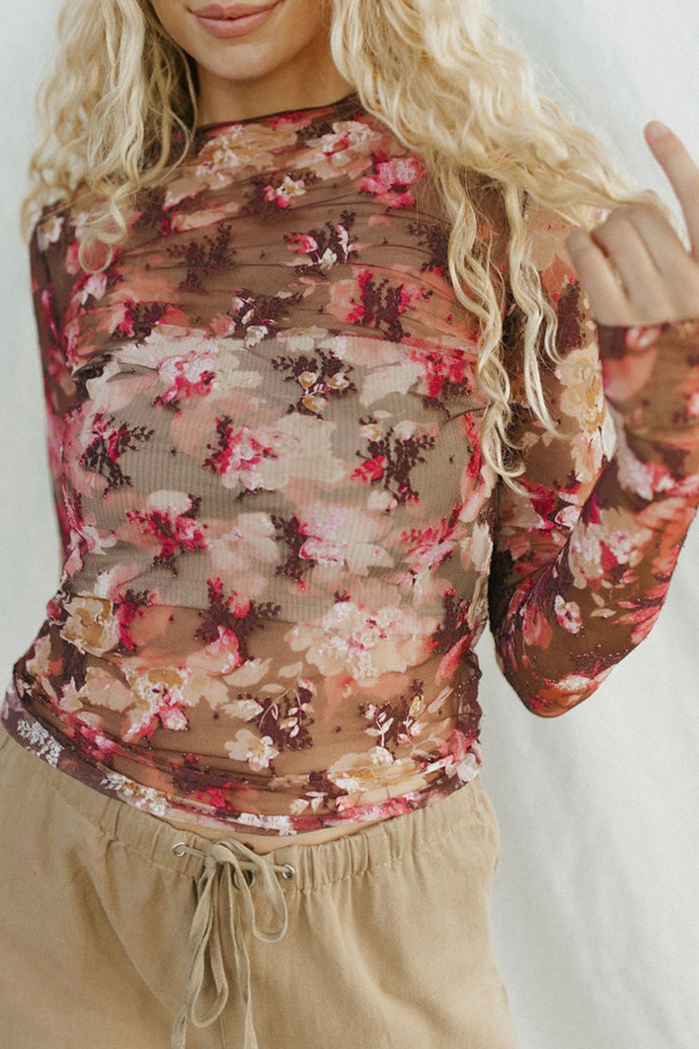 Floral Mock Neck Long Sleeve Sheer Top - The Goddess Galleries