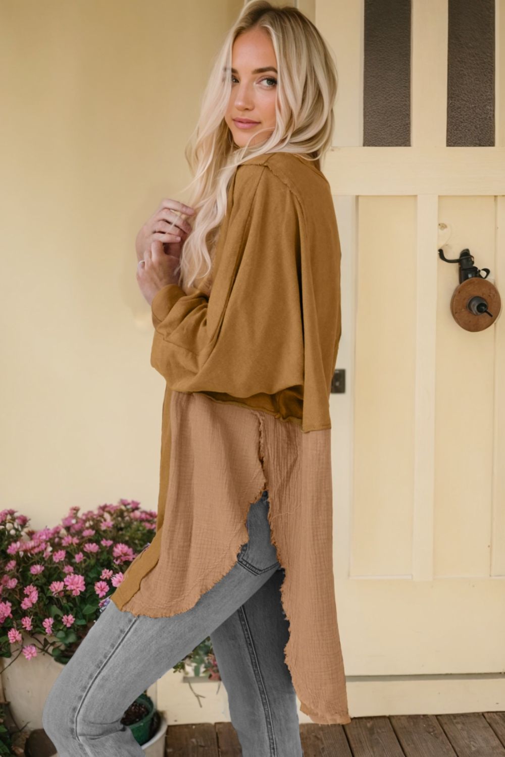 Contrast Texture Round Neck Long Sleeve Blouse - The Goddess Galleries