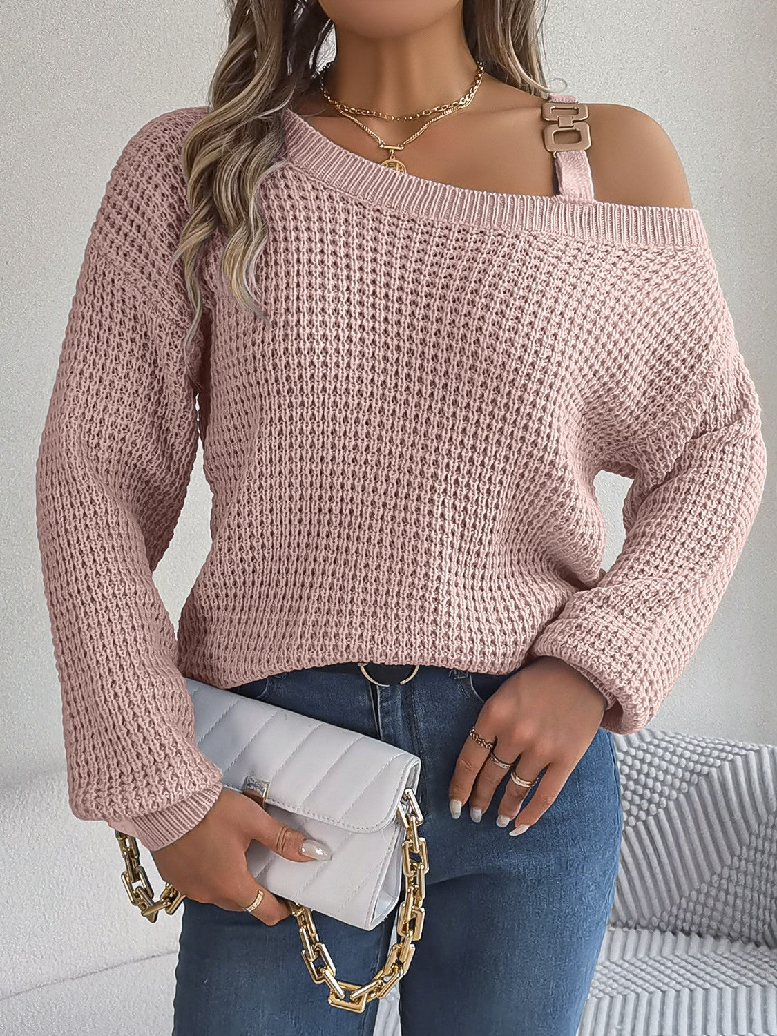 Asymmetrical Neck Long Sleeve Sweater - The Goddess Galleries