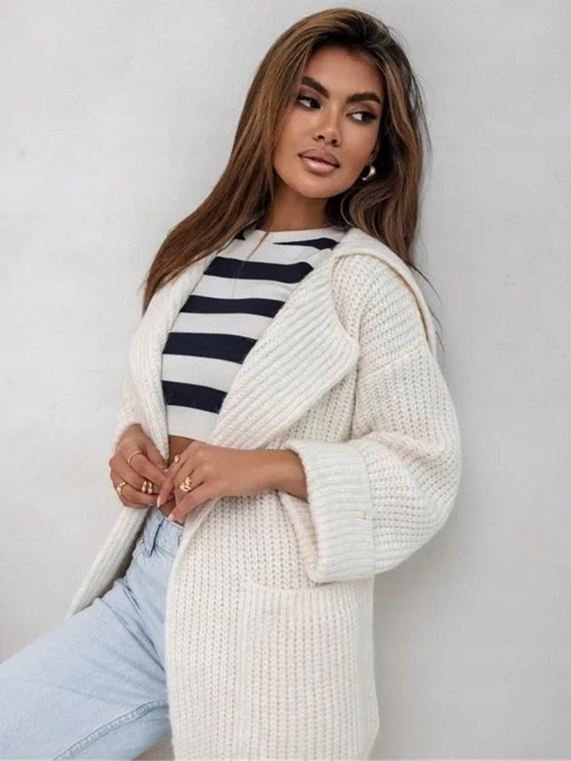 Pocketed Collared Neck Dropped Shoulder Cardigan - The Goddess Galleries