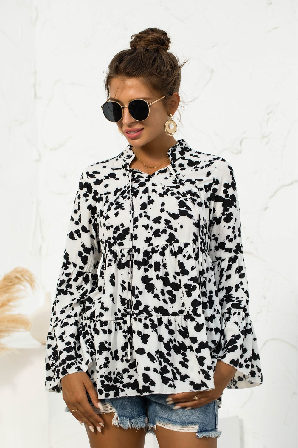 Printed Flare Sleeve Tie Neck Ruffle Trim Blouse - The Goddess Galleries