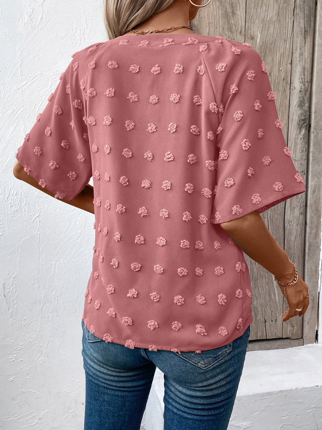 Ivy Lane Swiss Dot Notched Half Sleeve Blouse - The Goddess Galleries