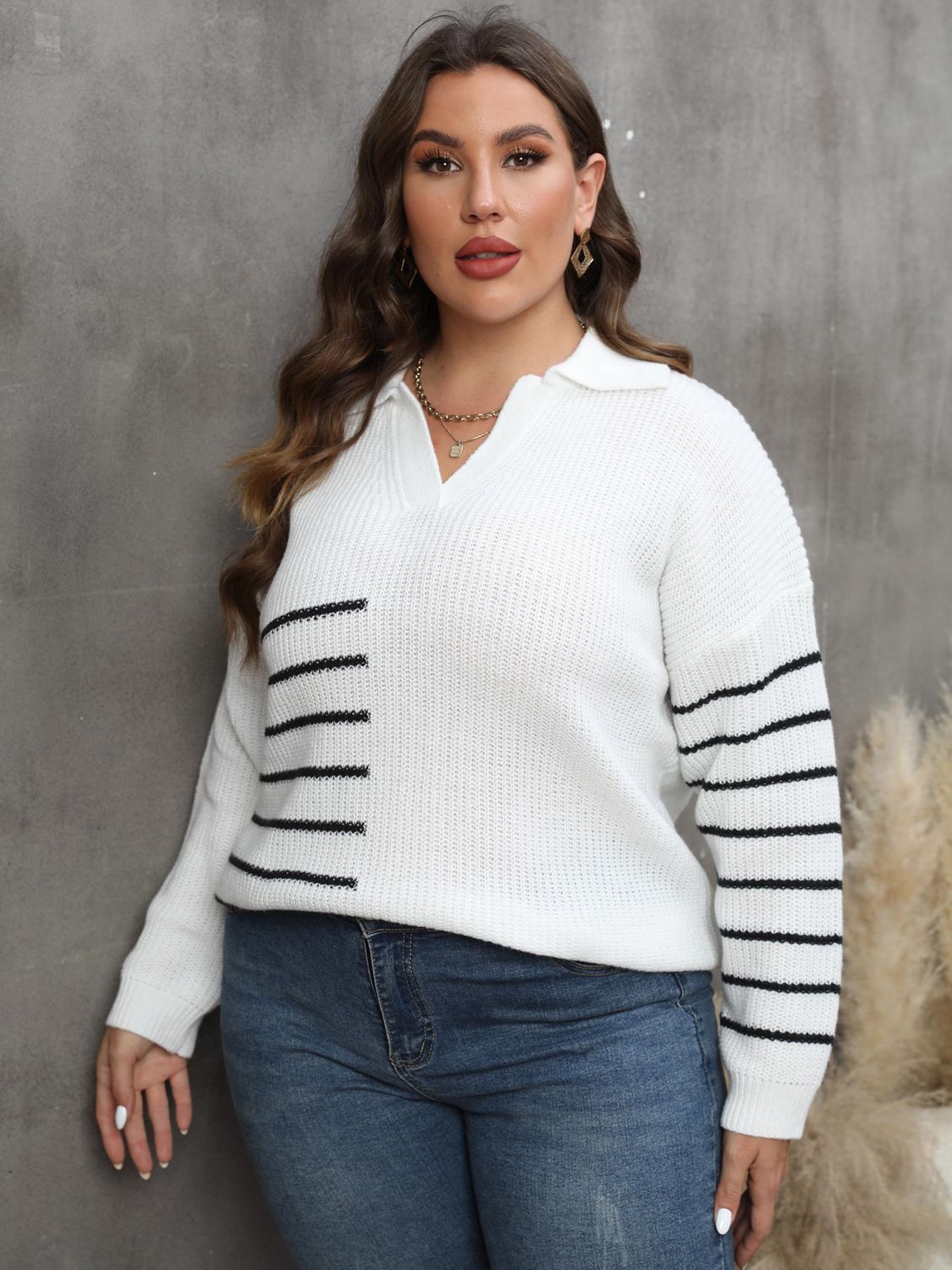 Plus Size Striped V-Neck Sweater - The Goddess Galleries
