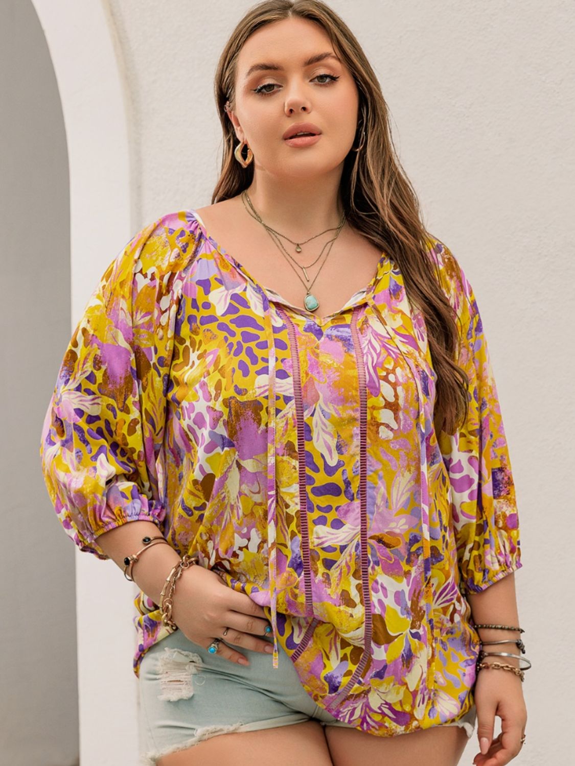 Plus Size Printed Tie Neck Blouse - The Goddess Galleries
