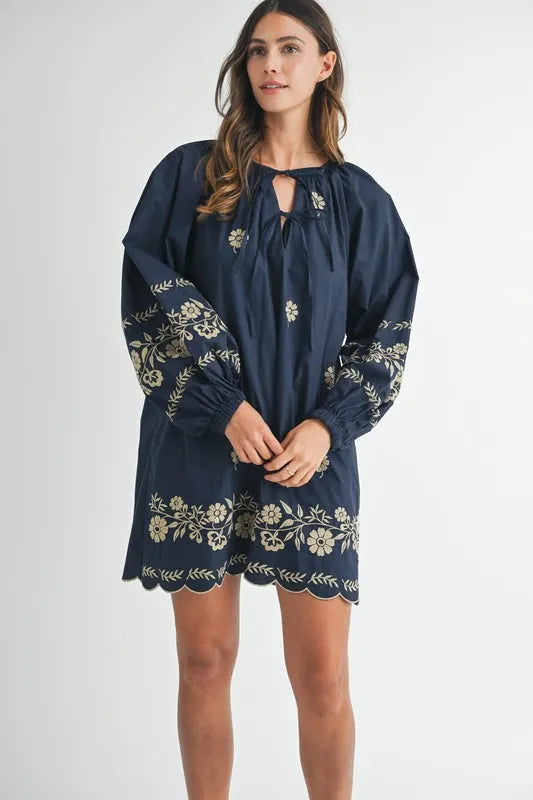 MABLE Embroidered Long Sleeve Peasant Mini Dress - The Goddess Galleries