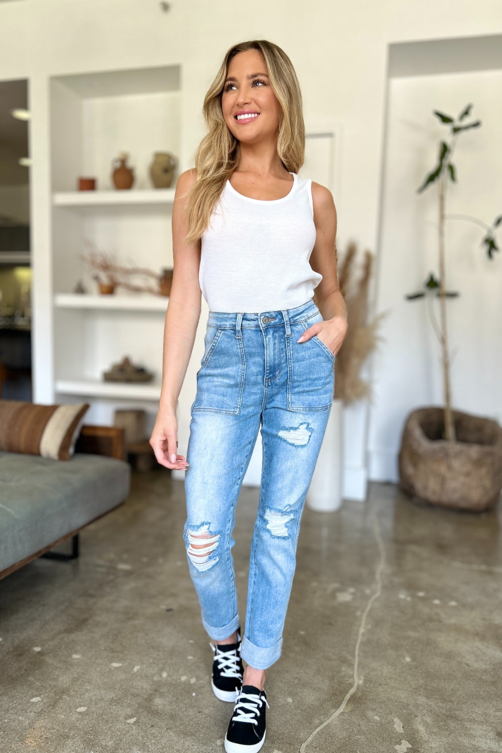 Judy Blue Full Size Distressed Straight Jeans with Patch Pockets - The Goddess Galleries