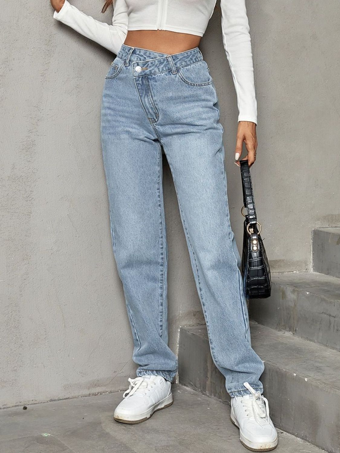 Asymmetrical Waist Straight Leg Jeans - The Goddess Galleries