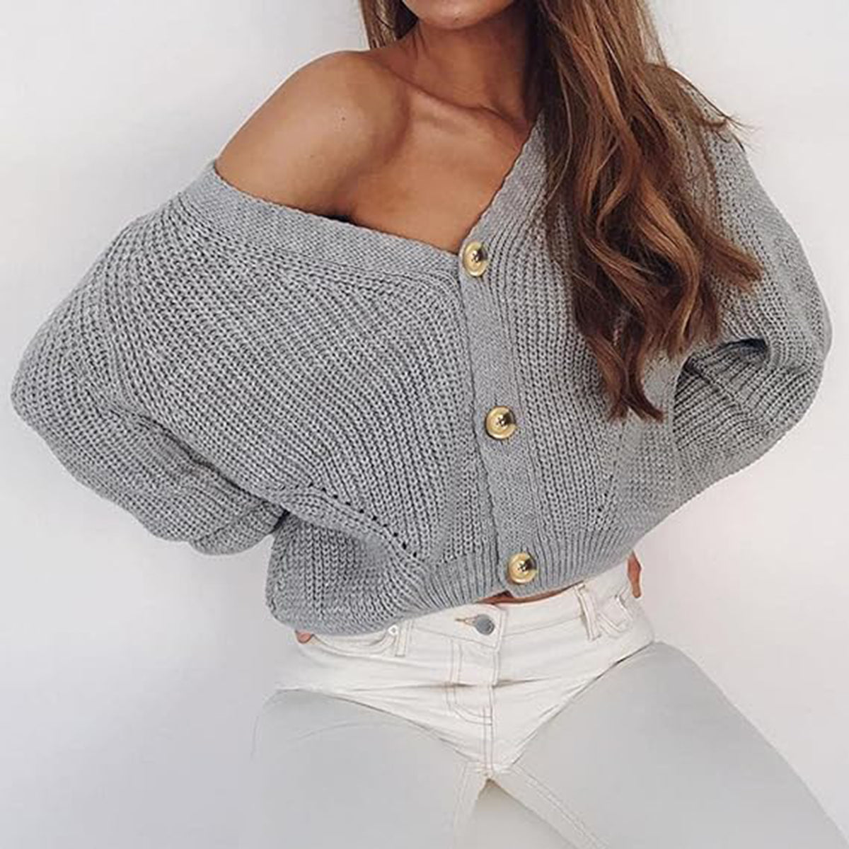 Button Up V-Neck Long Sleeve Cardigan - The Goddess Galleries