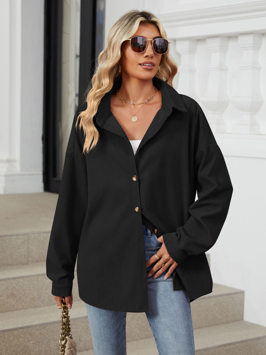 Collared Neck Long Sleeve Dropped Shoulder Shirt - The Goddess Galleries