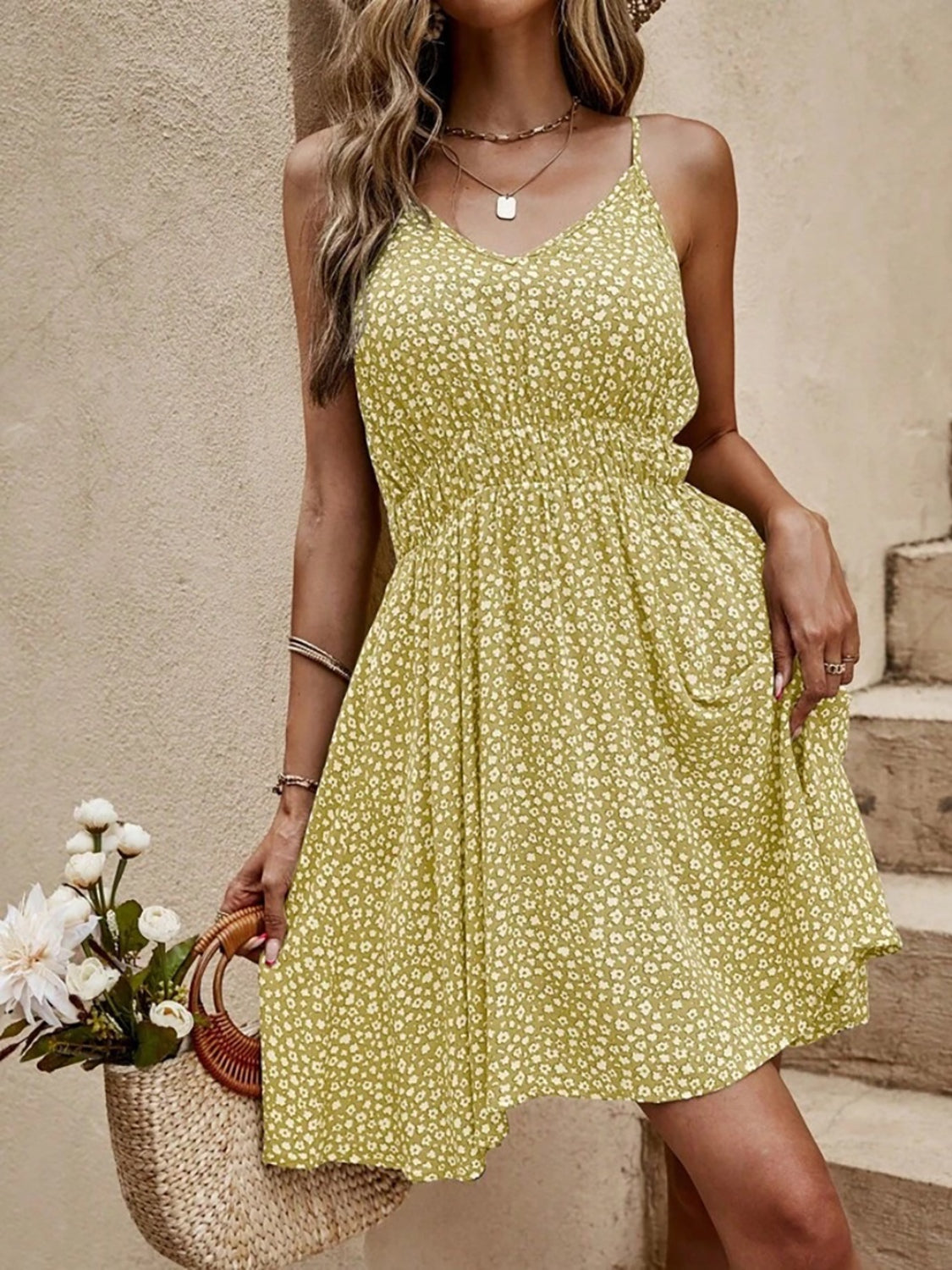 Floral V-Neck Mini Cami Dress - The Goddess Galleries