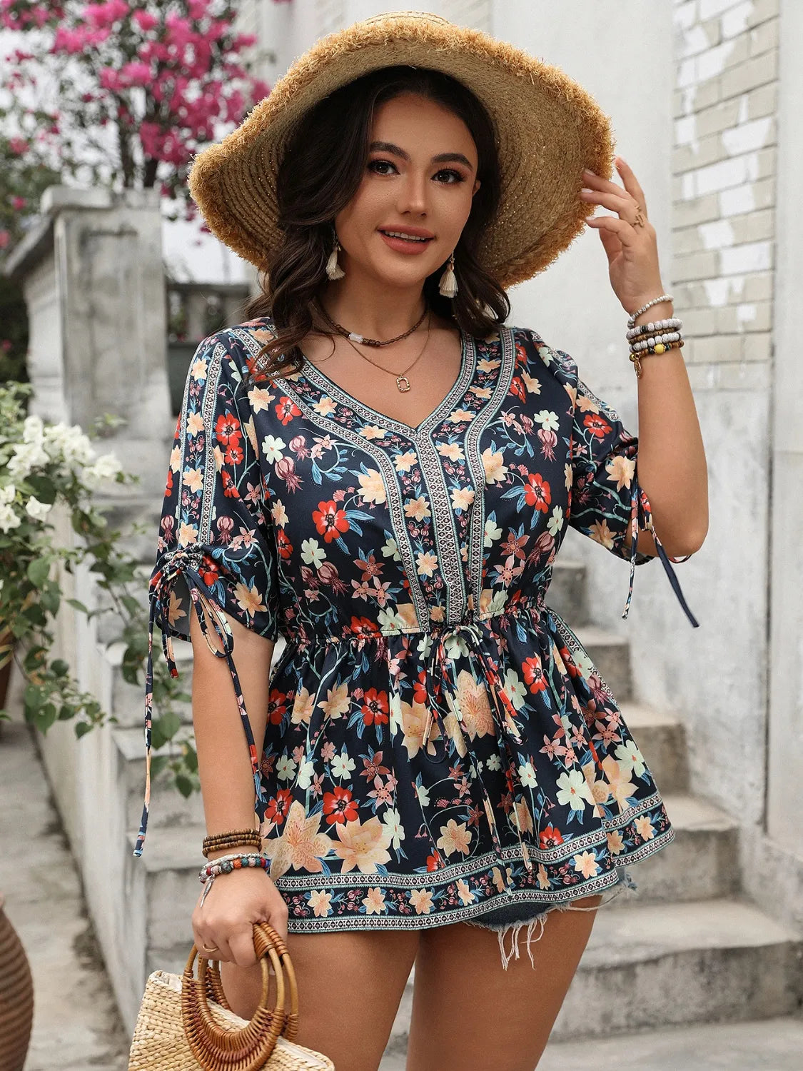 Plus Size Floral V-Neck Half Sleeve Blouse - The Goddess Galleries