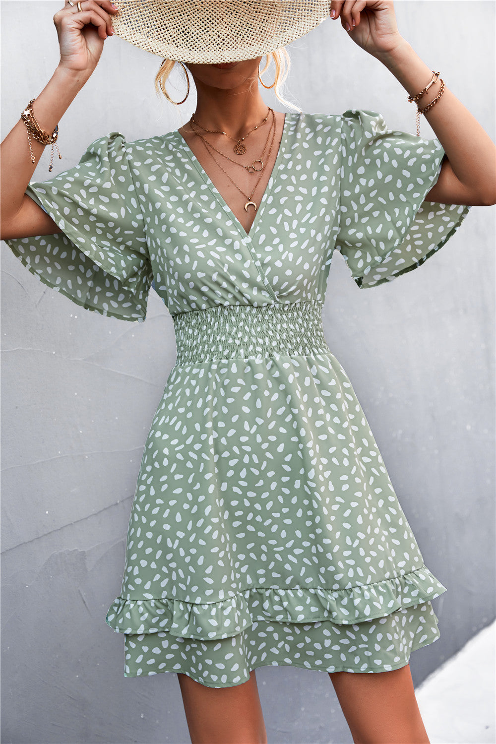 Printed Smocked Waist Layered Surplice Dress - The Goddess Galleries
