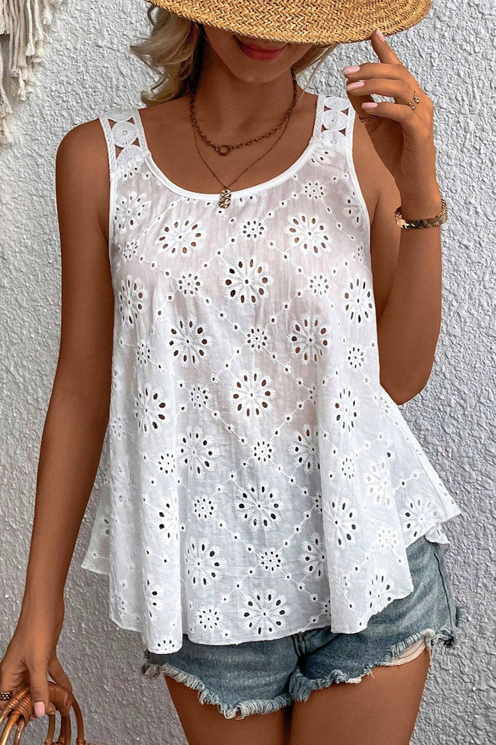 Eyelet Round Neck Wide Strap Tank - The Goddess Galleries