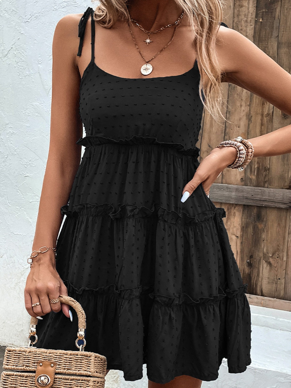Shiny Frill Spaghetti Strap Tiered Dress - The Goddess Galleries